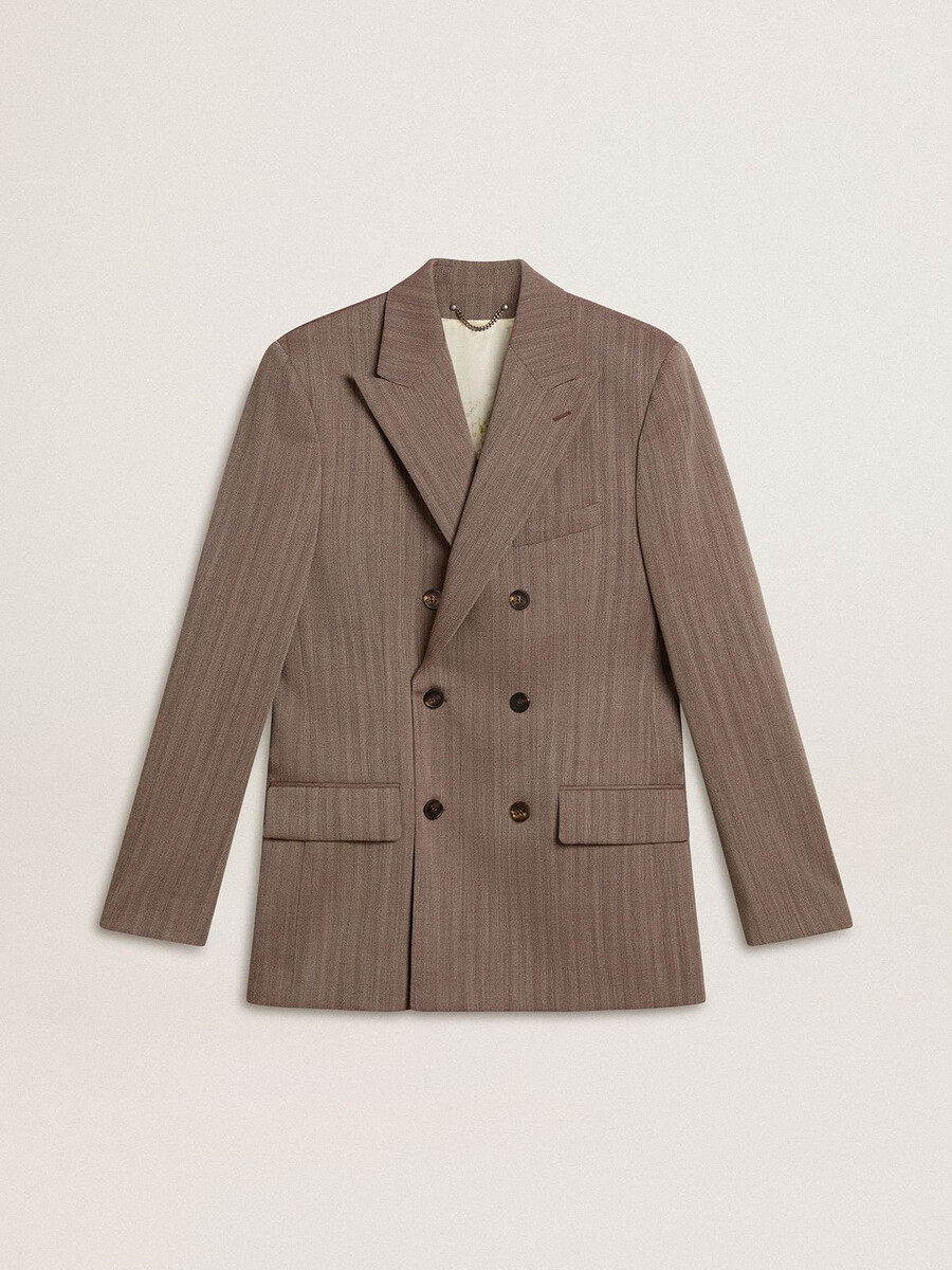 moški bež blazer z dvojnim zapenjanjem iz mešanice volne in chevron vzorcem
