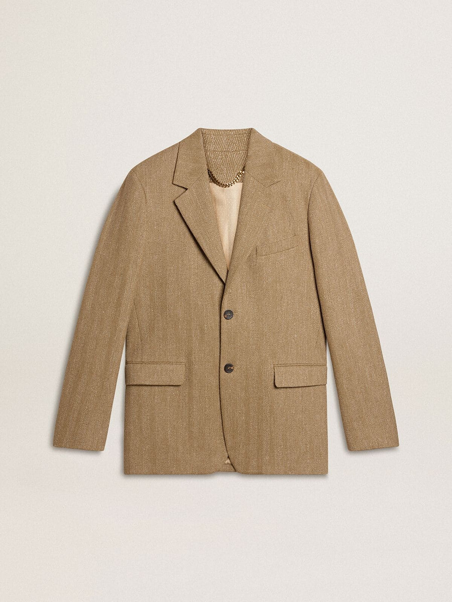moški enoredni blazer iz mešanice lana s chevron vzorcem v peščeno barvi.