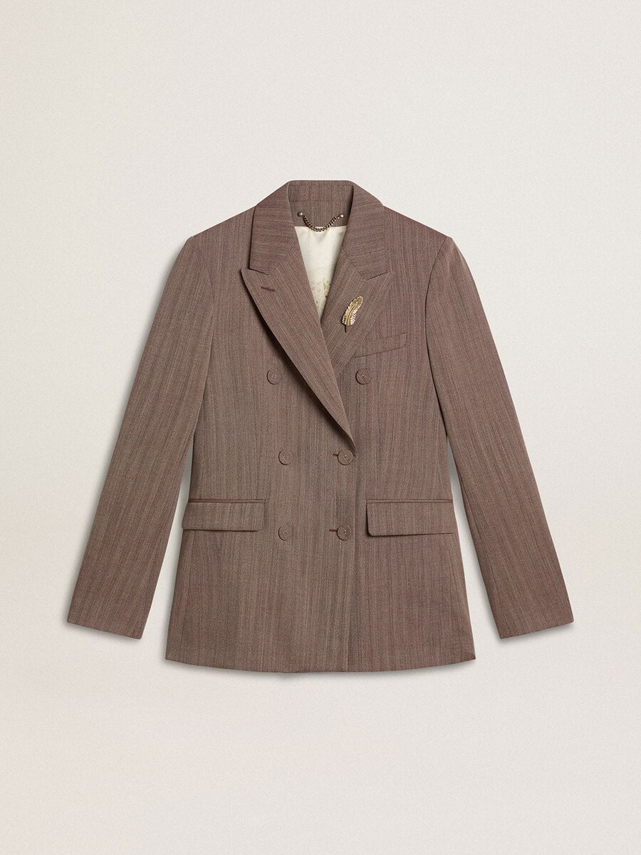 Ženski dvoredni blazer iz bež mešanice volne s chevron vzorcem