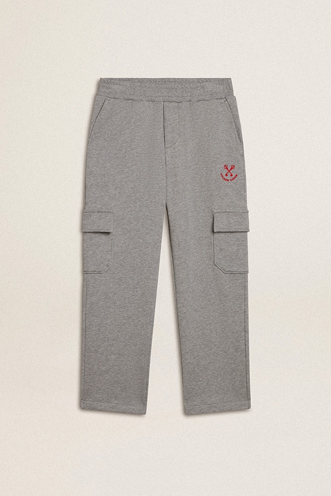 sivi melange bombažni cargo joggers z vezenjem