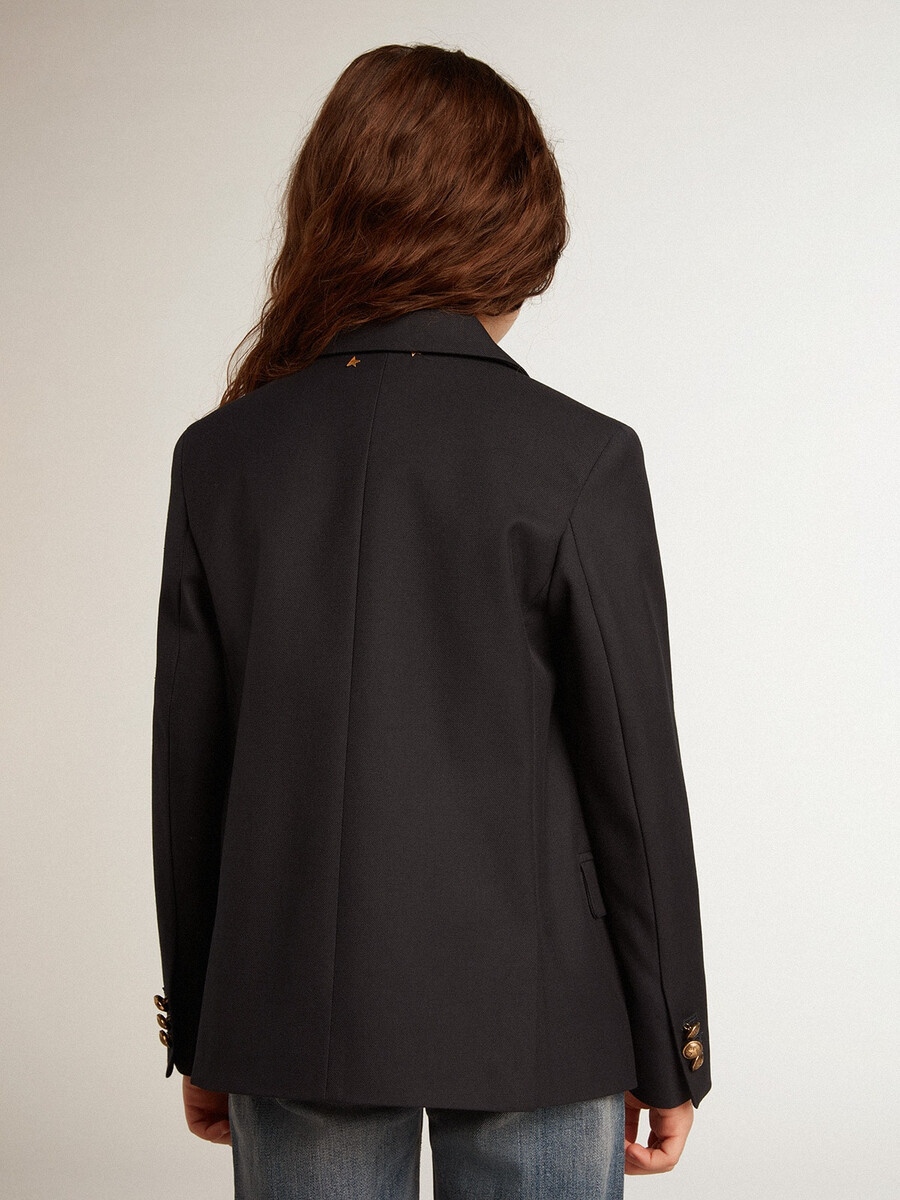 fantovski temno moder dvoredni blazer z gumbi