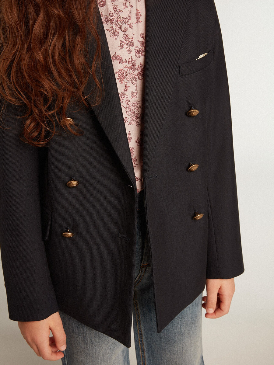 fantovski temno moder dvoredni blazer z gumbi