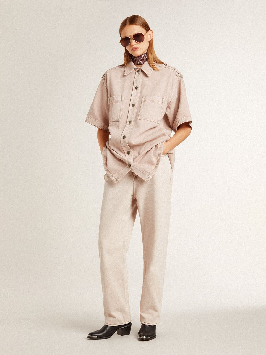 Ženska oversized fit roza barvana jeans srajca