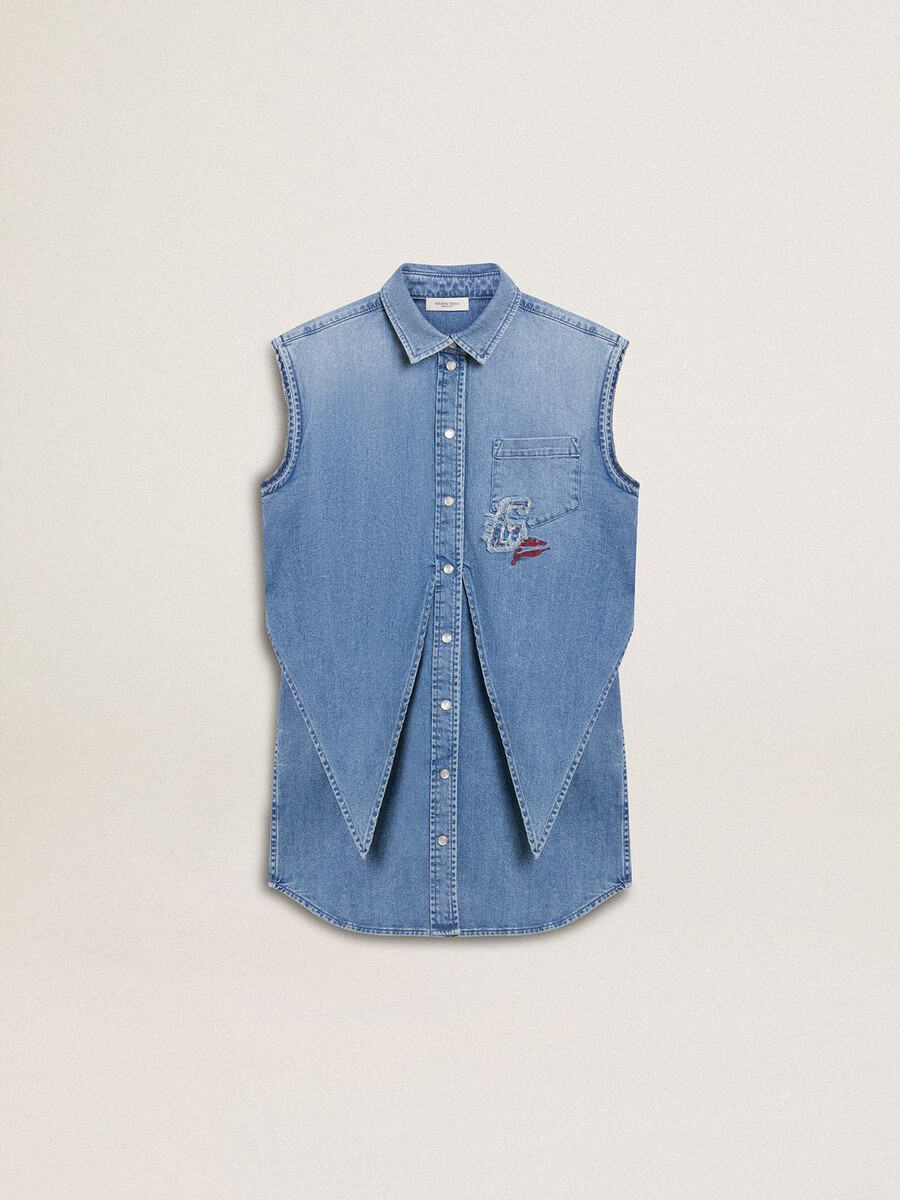 dekliška jeans obleka s sprednjim vozlom in vezenjem