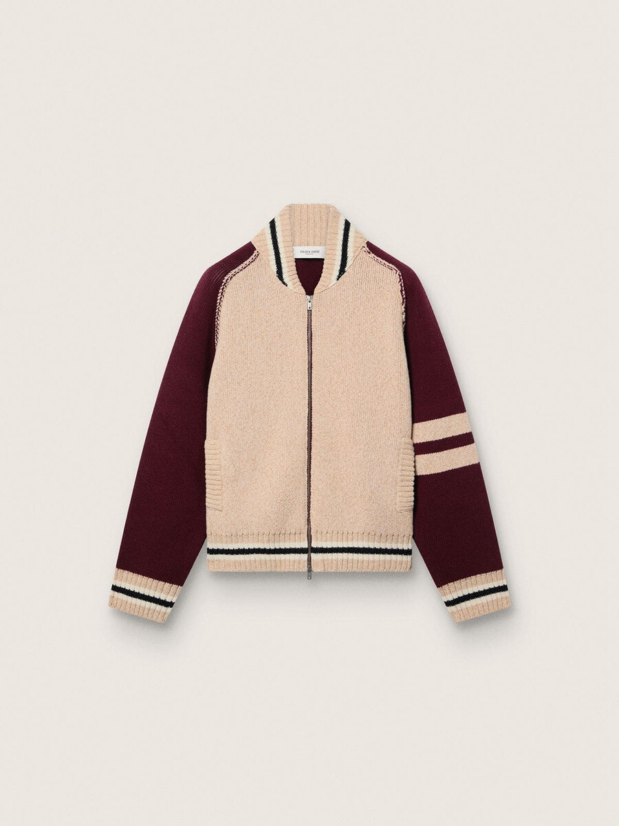unisex bomber jakna iz bele in bordo žakard pletenine