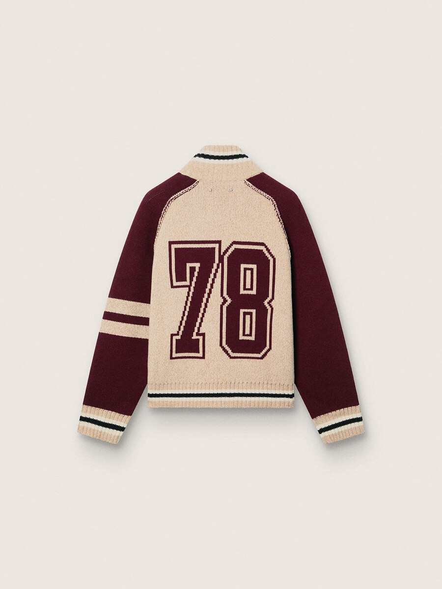 unisex bomber jakna iz bele in bordo žakard pletenine