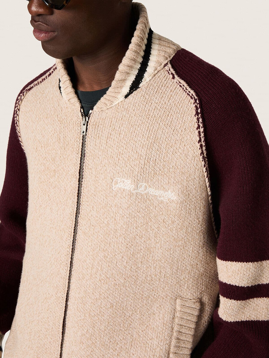 unisex bomber jakna iz bele in bordo žakard pletenine