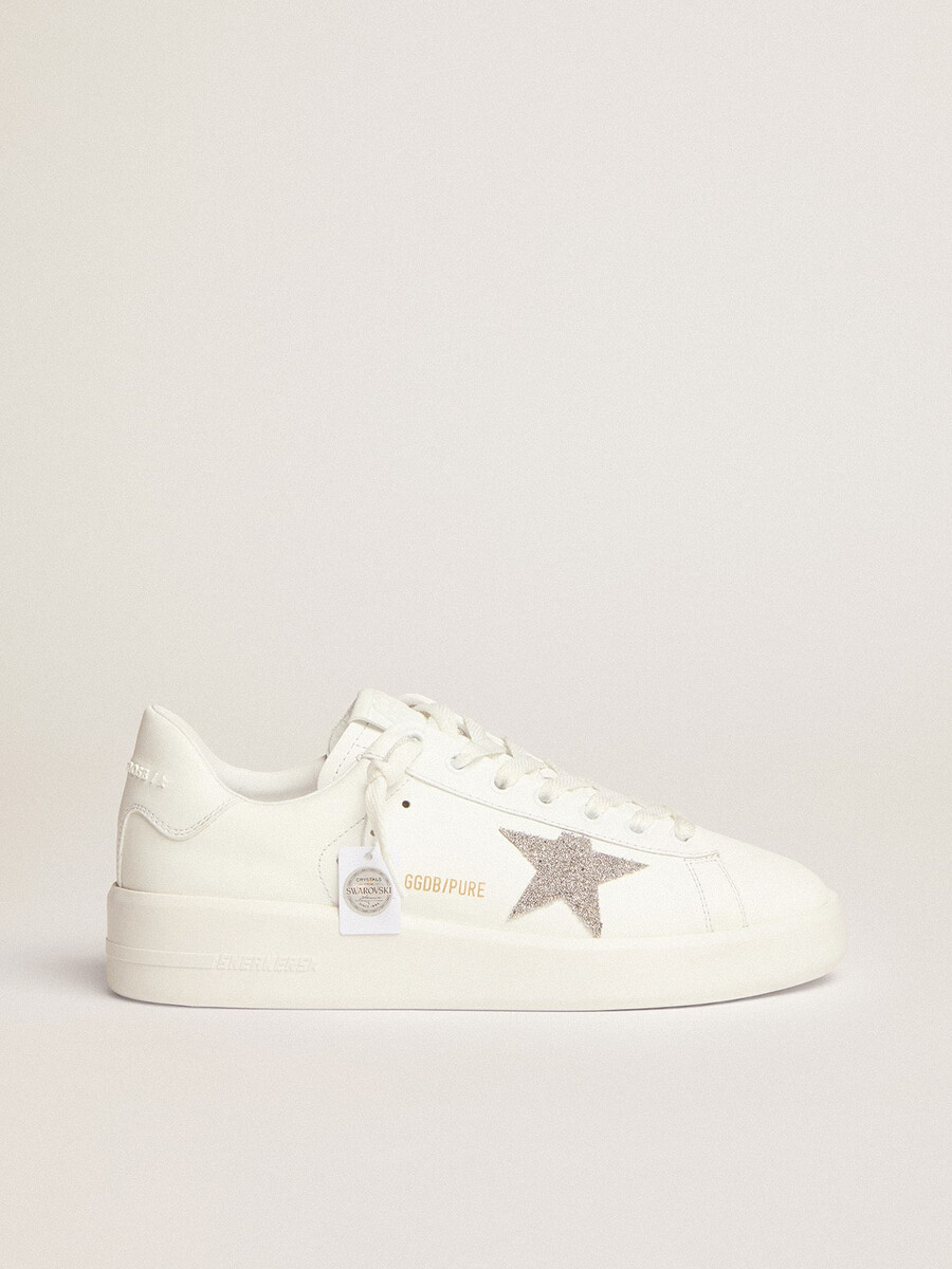 Ženska ura purestar iz belega usnja s srebrno zvezdo s kristali swarovski