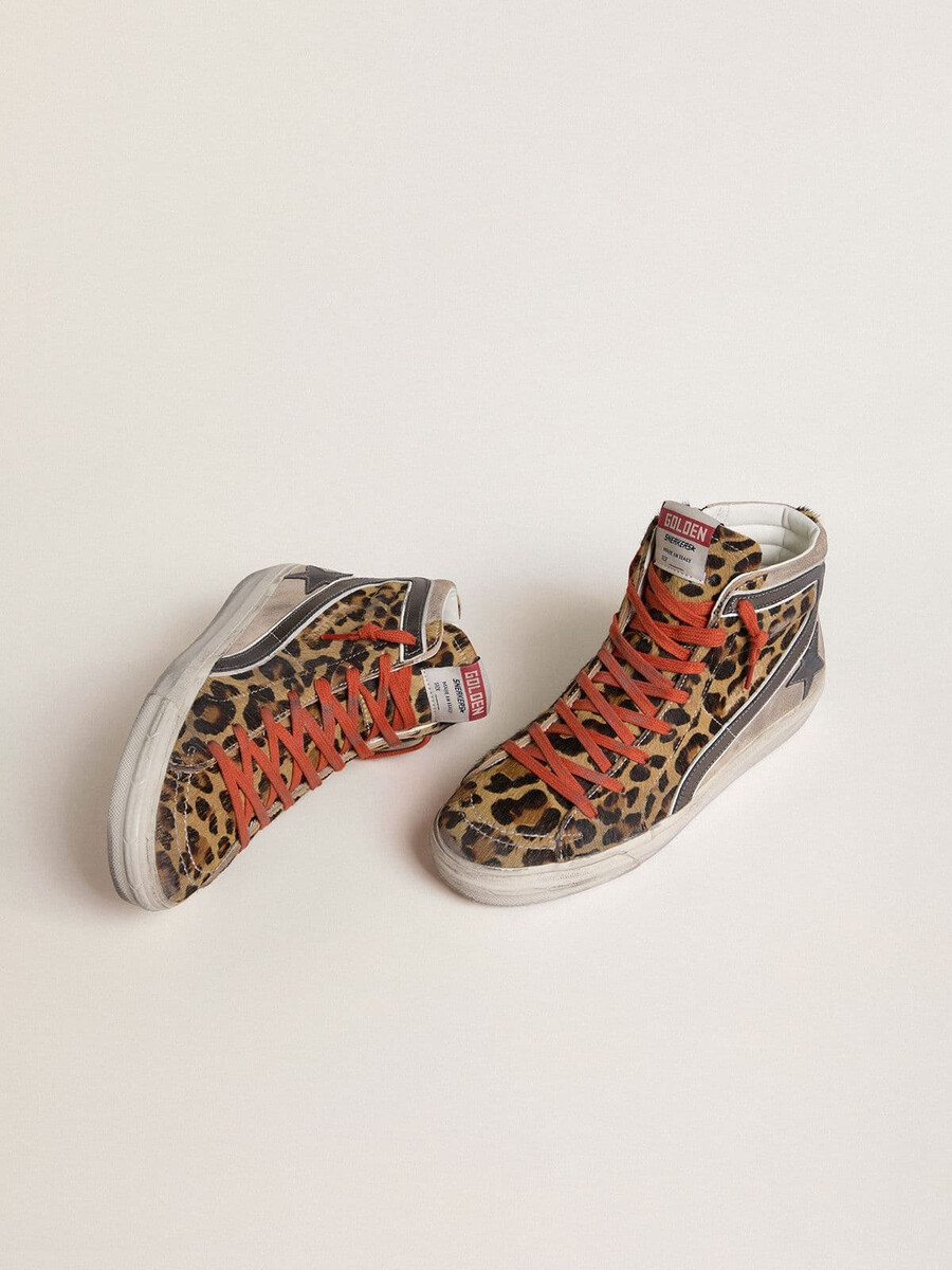 Ženski natikači ltd iz leopardjega vzorca ponijeve kože z metalno usnjeno zvezdo in bliskavico