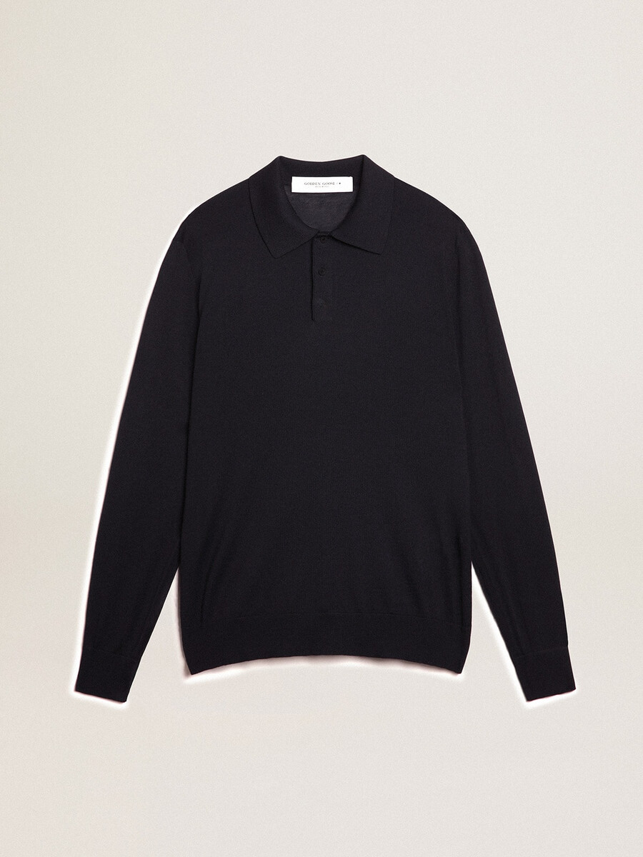moška polo majica z dolgimi rokavi iz temno modre merino volne