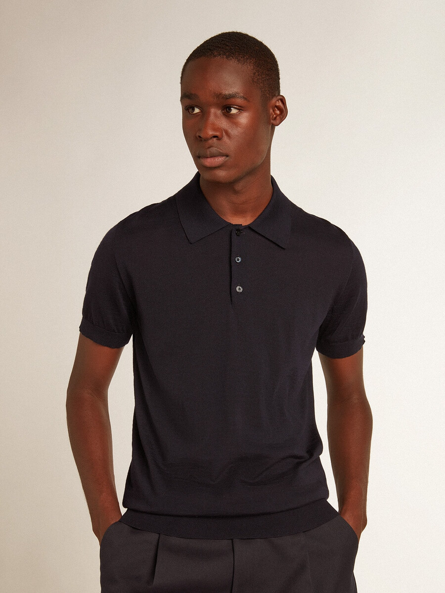 moška polo majica s kratkimi rokavi iz temno modre merino volne