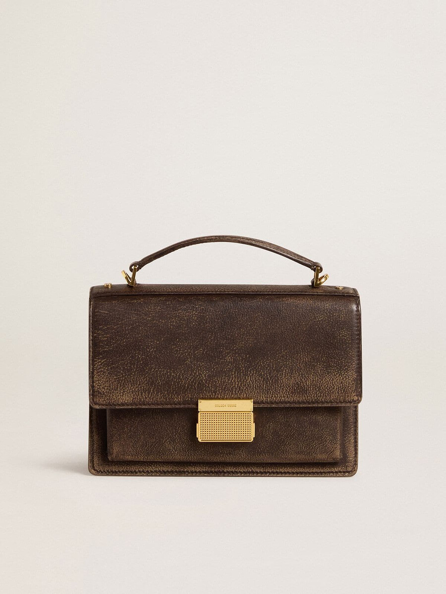 torba venezia iz vintage temno rjavega reliefnega usnja z zlatimi detajli